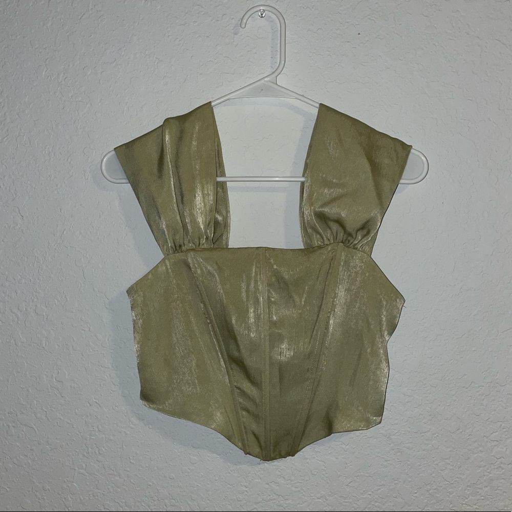 PrettyLittleThing green satin over the shoulder corset top